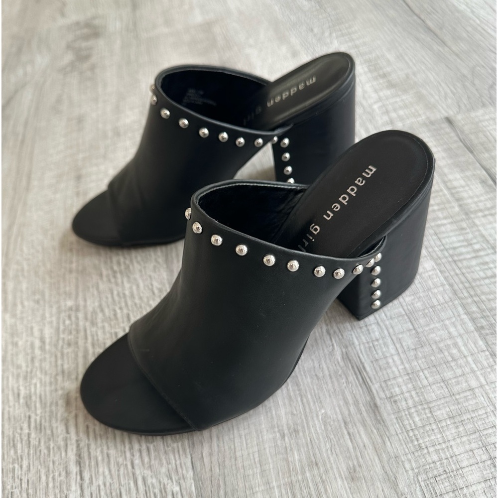 Madden Girl | Silver Studded Black Leather Open Toe Block Heel Sandals